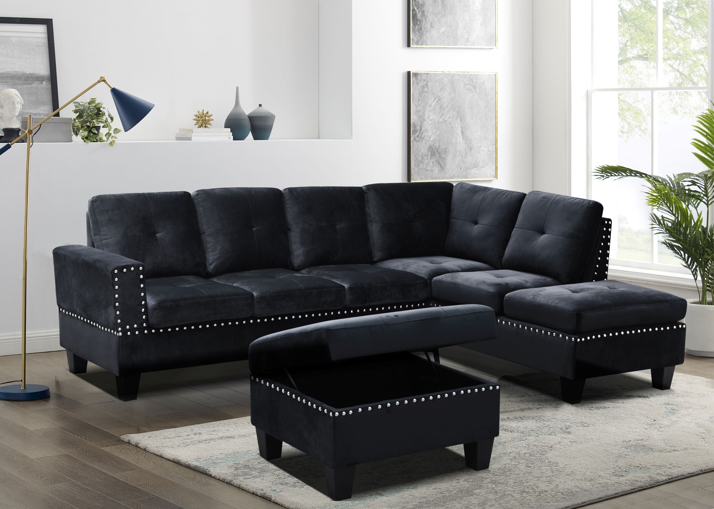【極美品】JNHearts Velvet library Black 9936 Sectional Sofa with Ottoman - - Dreamland Furniture